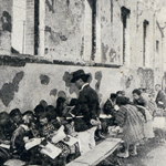 震災前の校舍・焼土・露天学校・天幕学校<br>Taimei Primary School before and after the earthquake and fires<br>Source: 新築落成五十週年記念號  星のかゞやき, 1929 