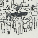 小学校 災後の活動<br>Sketch by Ikebe Hitoshi illustrating teachers exercising with primary school students in the ruins of Shitaya<br>Source: 下谷區史附錄大正震災志, 1937