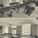 手工室 (木工), 手工室 (金工)<br>Kuromon Primary School: Handicrafts rooms for working with metal and wood<br>Source: 復興建築落成記念誌 東京市黑門尋常小學校, 1930