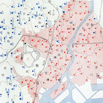 東京市立小學校並市立圖書館分布圖(附中等學校)<br>Map of ordinary primary schools, middle schools, and libraries in the City of Tokyo. Red dots represent reconstructed primary schools. Blue dots represent primary schools that survived the earthquake and fires.<br>Source: 東京市教育復興誌, 1930