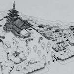 震災記念堂鳥瞰図<br>Bird's-eye view of the Earthquake Memorial Hall<br>Source: 被服廠跡, 1932